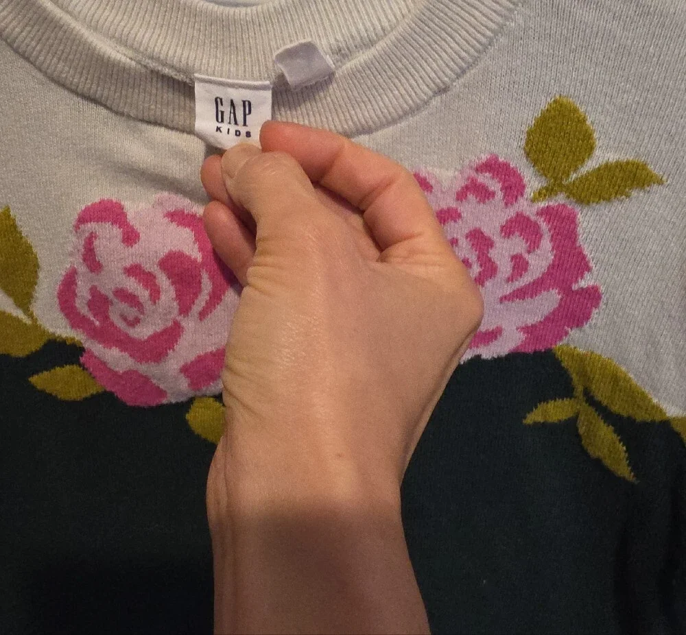 GAP Dark Green Crewneck Sweater with Pink Rose Motif and Cream Yoke